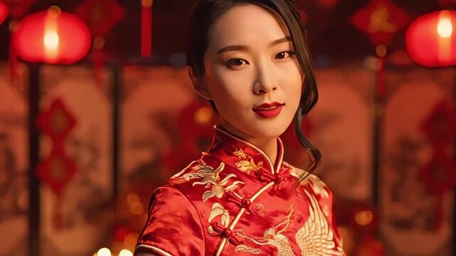 Young Asian woman in traditional Chinese dress with red lanterns.