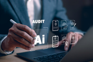 AI audit concept, businessman using artificial intelligence for compliance, data analysis, risk...