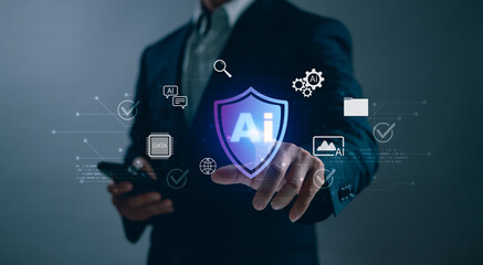 AI security concept, businessman protecting digital data using artificial intelligence, cybersecurity shield and representing data protection,privacy, risk management and enterprise security solution
