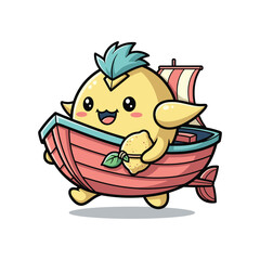 Adorable cartoon lemon character sailing a boat