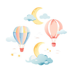 Watercolor Illustration Three Hot Air Balloons, Clouds, and Crescent Moon on White Background

