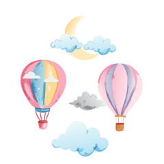 Fototapeta premium Watercolor Illustration Three Hot Air Balloons, Clouds, and Crescent Moon on White Background 