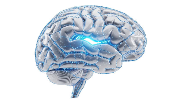 Digital brain with glowing blue active area, neural network connections, artificial intelligence concept, isolated on white