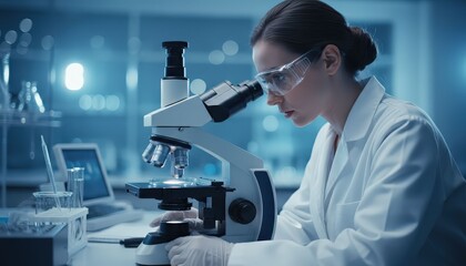 a focused scientist examining a sample under a microscope in a laboratory setting. She is wearing protective eyewear and a lab coat