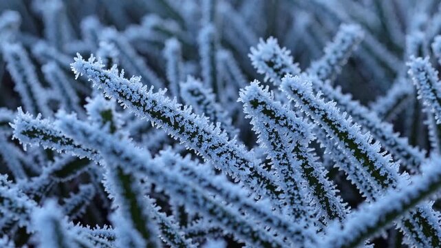 Close-up view of vibrant green grass blades heavily covered in delicate white frost crystals on a cold morning.