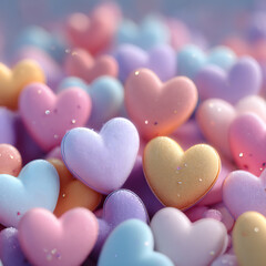 Obraz premium Pastel candy hearts clustered together create a soft romantic background with gentle sparkle, smooth texture, shallow depth of field, dreamy light, festive mood, love theme, and sweet decorative atmos