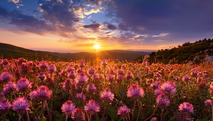 Fototapeta premium Sunset Glow Over A Field Of Pink Spiky Flowers