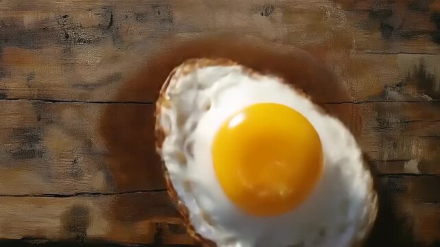 Fried Egg on Wooden Table Top View.