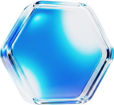 Glossy 3D Blue Glass Hexagon Isolated on White. Futuristic Tech Geometric Shape with Shiny Gradient for Posters and Web Design. Transparent Crystal Button with Light Reflection and Clean Smooth Edges.