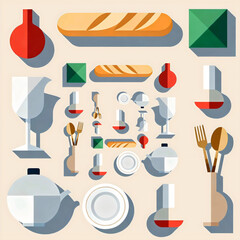 Minimalist flat vector kitchenware and baguettes with long shadows