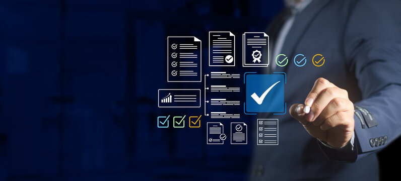Document approval and quality assurance concept, digital certification, standardization, compliance, verified checkmark, audit process, business performance tracking