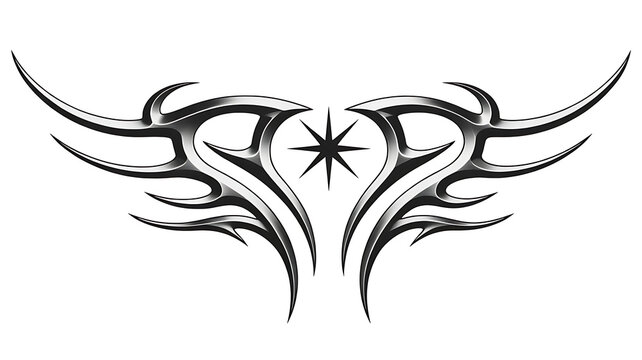 Abstract tribal design with angular wings and a central star, rendered in metallic silver and black.