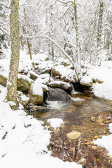 Obraz premium Snowy landscape of mountains port of Canencia in Madrid, Spain