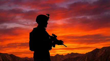 Obraz premium Dramatic silhouette of a shooter with a rifle