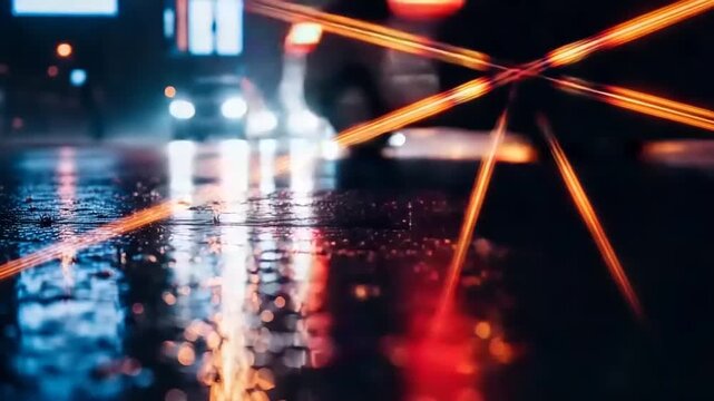 Abstract light streaks reflect on wet city street at night.