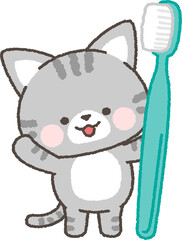 歯ブラシを持つサバトラネコ