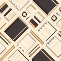 Seamless stationery pattern notebooks rulers and pencils