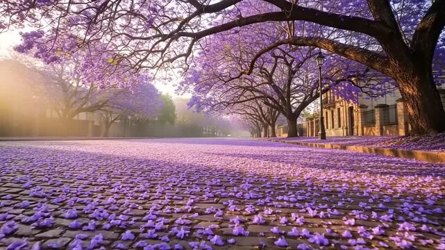 Beautiful Jacaranda Trees Bloom Covering Road with Purple Flowers.