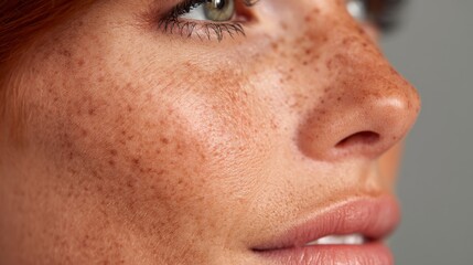 Fototapeta premium Close-Up of Freckled Female Face with Natural Makeup and Beautiful Green Eyes Against Soft Neutral Background for Beauty and Skincare Concepts