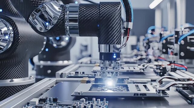 Close-up of a robotic arm performing Smart Factory Automation tasks on a circuit board with various machinery in the background, conveying a modern industrial mood.