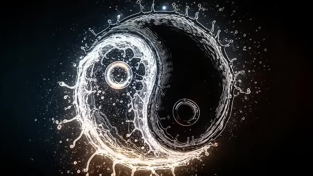 Dynamic Yin Yang Symbol with Water Splash and Light Effects.
