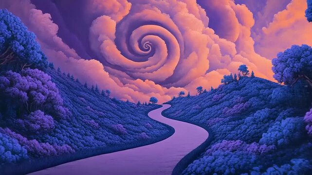 Surreal Swirling Clouds Over a Winding River Valley.