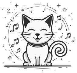 Joyful cartoon cat surrounded by musical notes and radiating positive energy