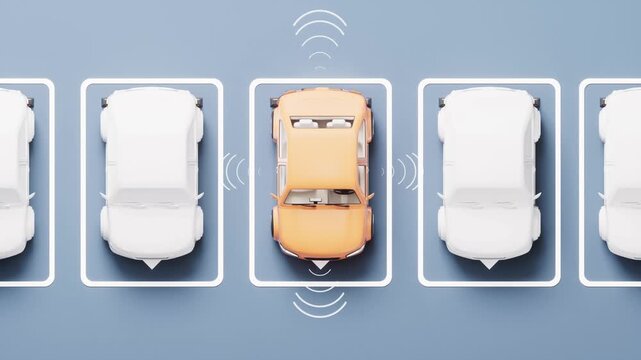 Orange car performing automatic parallel parking maneuver between white vehicles