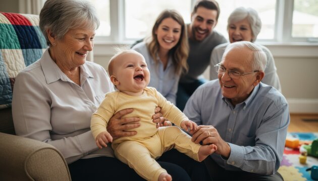 Caucasian couple with their parents and baby happy at home. Loving multigenerational family portrait. Joyful family reunion concept for parenting blog.