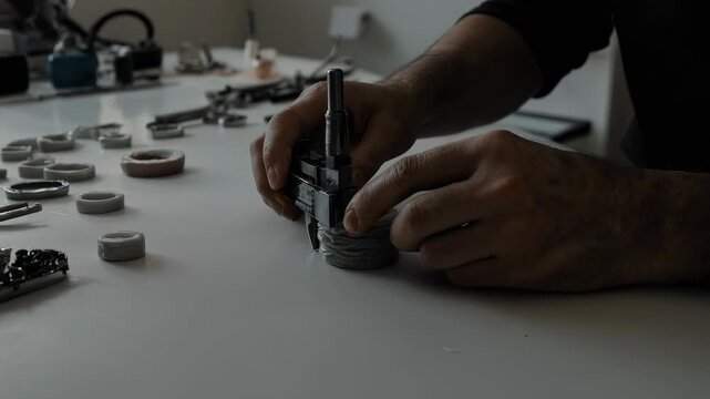 Precision Manufacturing: Close-Up of Manual Assembly with Measuring Tool in Workshop