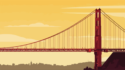 Fototapeta premium Illustration of the Golden Gate Bridge at sunset with a city skyline in the background and a warm orange color palette.