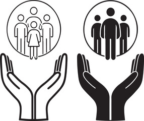 Fototapeta premium This monochrome illustration depicts two circular arrangements of people being protected by open hands below symbolizing care and support for families and communities high-quality