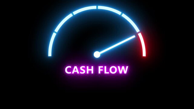 Animated cash flow meter showing movement from high level to low level, ideal for concepts related to financial decline, business loss, budgeting issues, and revenue management.