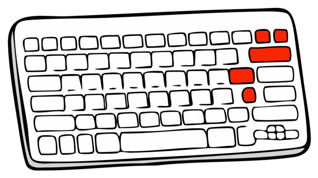 Cartoon keyboard illustration with highlighted keys for emphasis and user interface.