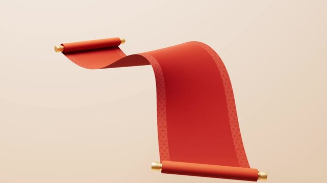 Dynamic unrolling red scroll with golden elements floating against beige background
