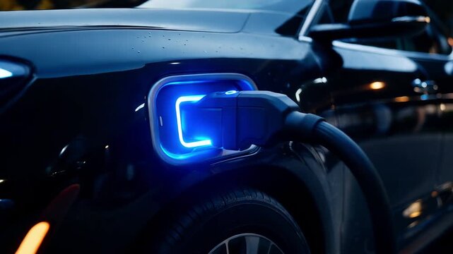 Car charging at electric car charging station. Electric vehicle charger station for charge EV battery. Fast charge EV charger. Clean and sustainable energy. Commercial EV charging point.