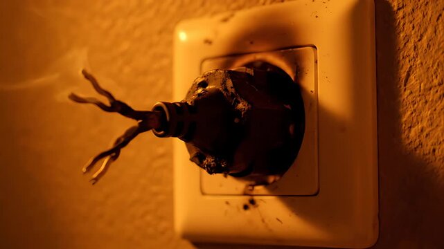 Close-up of a severely melted and burnt electrical wall socket revealing exposed, damaged wiring emitting smoke under dramatic warm lighting conditions