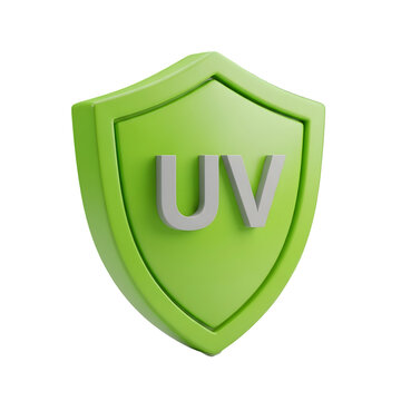 A vivid green 3D rendered shield with prominent grey UV text indicating protection