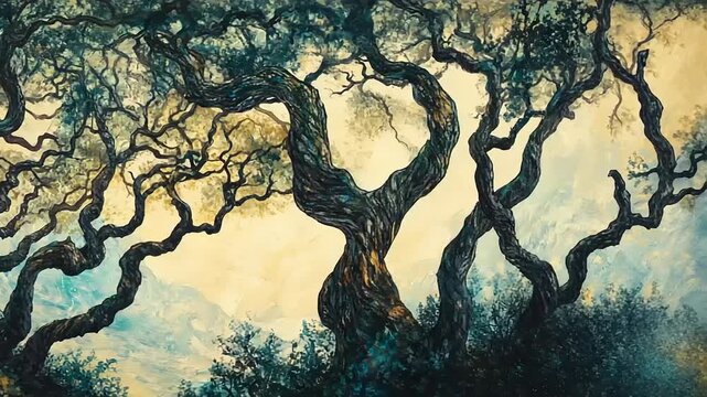 Ancient Tree Branches in Cloudy Sky Painting.