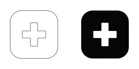 Obraz premium Medical Cross App Icon , First Aid and Healthcare Plus Symbol in Rounded Square, Emergency Services UI Vector