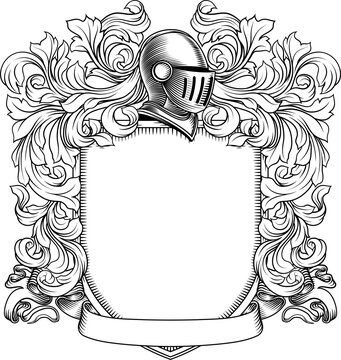 Coat of arms crest knight family medieval shield heraldry heraldic armorial motif. Featuring a knights helm helmet in a vintage etching engraving woodcut style 
