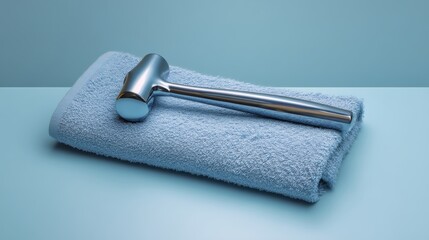 reflex hammer and towel on clean blue medical background