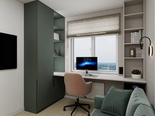 Modern compact home office with a window desk, soft neutral palette, green built-in storage, cozy textures, and smart lighting, designed for comfortable work and relaxation © Bezkorovaina Yevheni