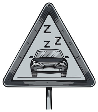 Drowsy driving sign depicts car with Zzz symbol warning driver fatigue on road