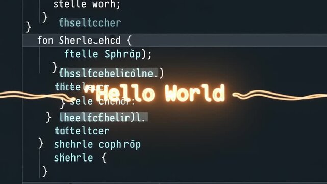 Programming code displaying Hello World text on screen.