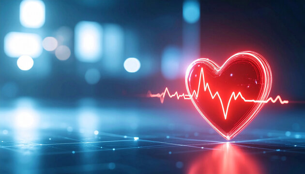 Glowing red heart with heartbeat pulse wave visualization healthcare cardiology concept cardiac health monitoring medical illustration life vitality symbol wellness