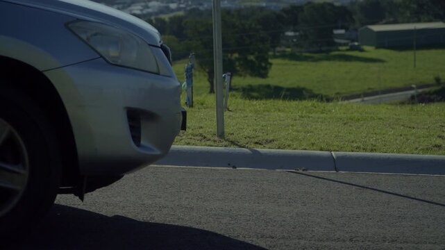 Medium close-up side view of a rural road as a car suddenly enters frame, stops short, and applies brakes. The scene conveys motion interruption, alertness, and road safety in an open country setting