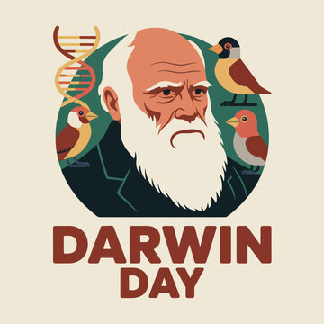 Charles Darwin portrait with birds and DNA helix, celebrating Darwin Day DNA helix