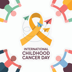 Colorful hands holding paper airplanes with a gold ribbon for International Childhood Cancer Day