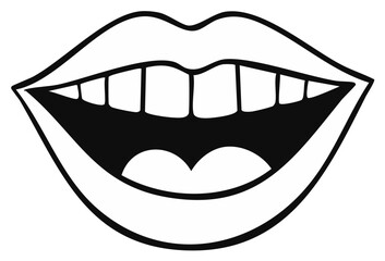 Obraz premium Black and white illustration of an open mouth with teeth and tongue showing a wide smile or laugh